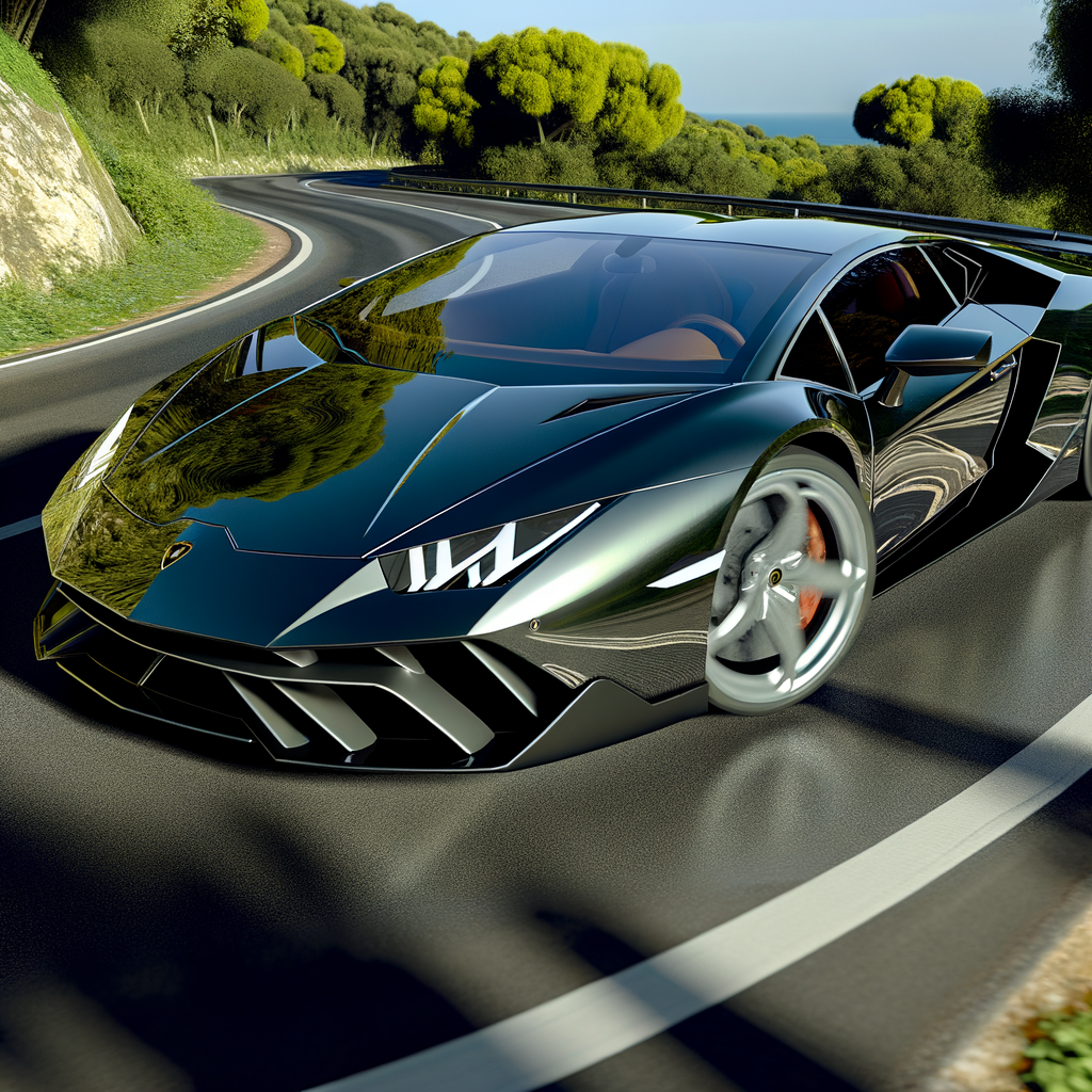 Sleek Lamborghini supercar on winding road.