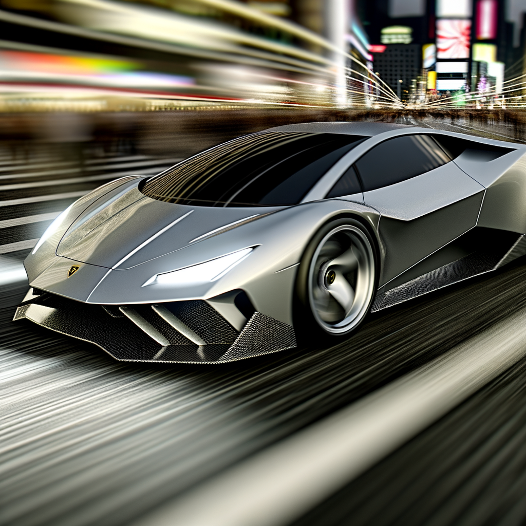 Sleek Lamborghini supercar speeding through city.