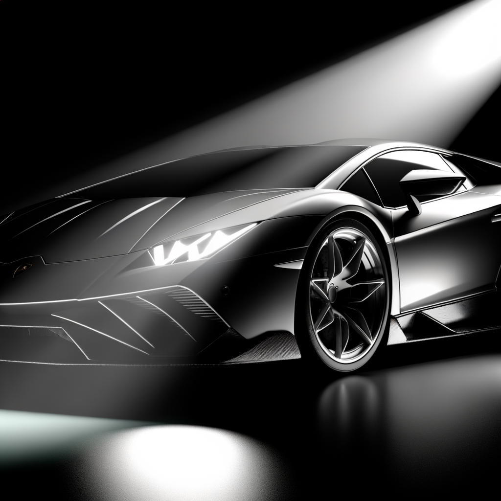 Sleek Lamborghini supercar under dazzling spotlight.