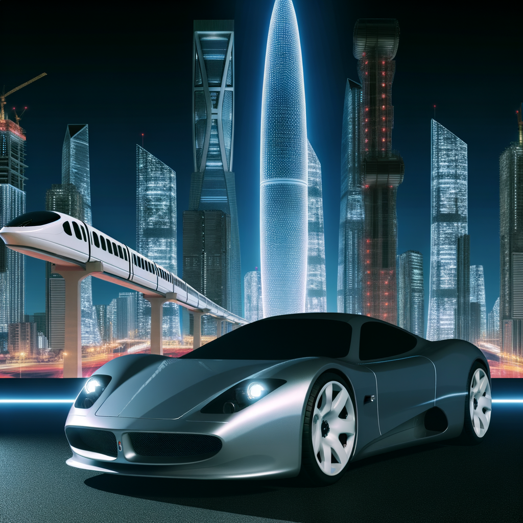 Sleek Lamborghini supercar with futuristic cityscape.