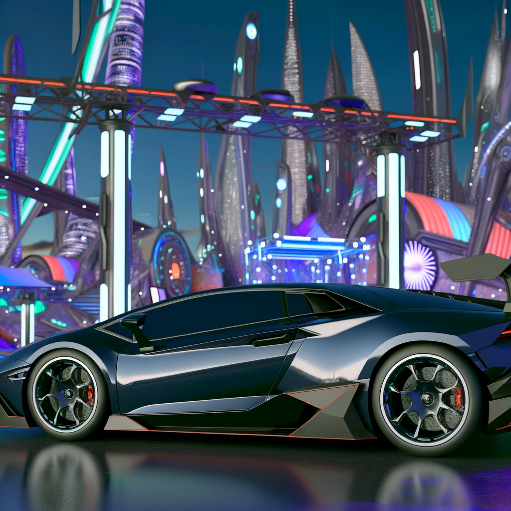 Sleek Lamborghini supercar with futuristic backdrop.