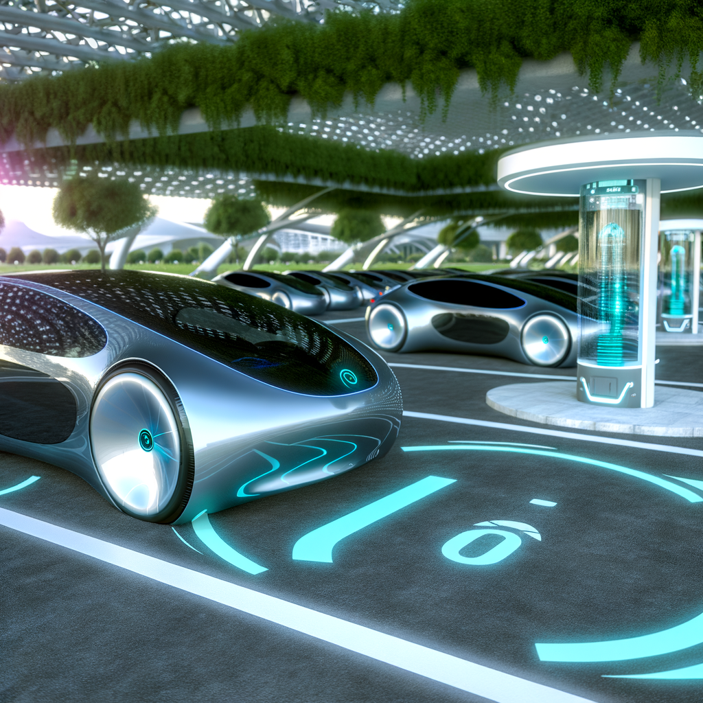 Electric cars charging, autonomous tech displayed.