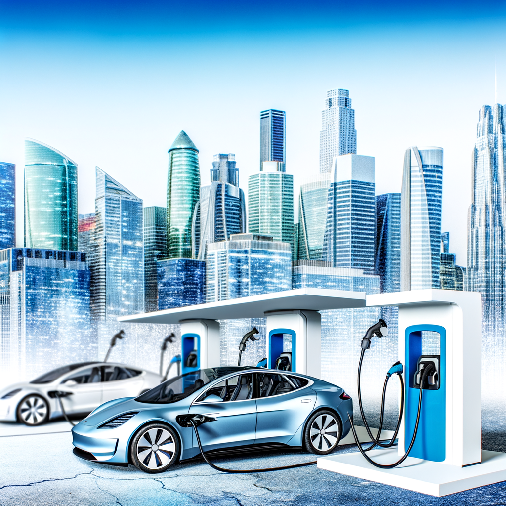 Electric cars charging, future mobility skyline.