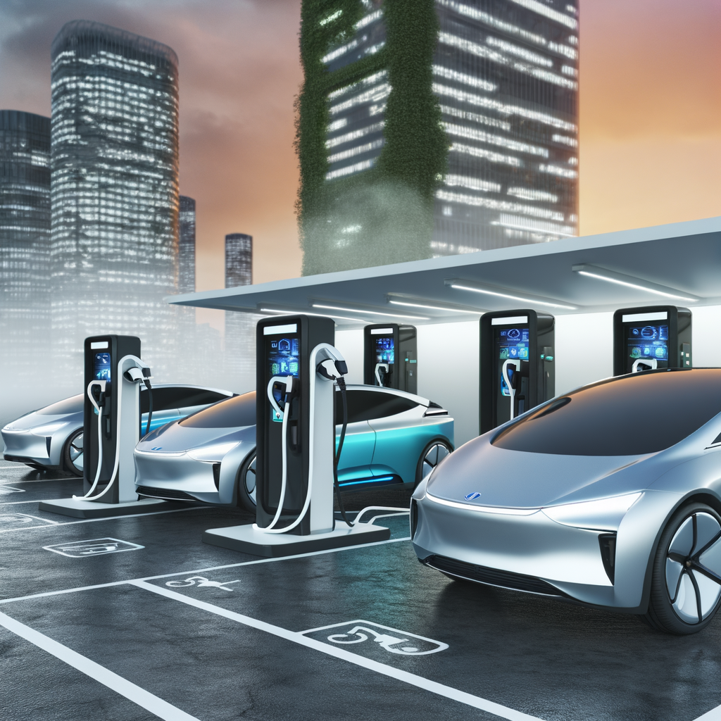 Electric cars charging, future tech showcased.