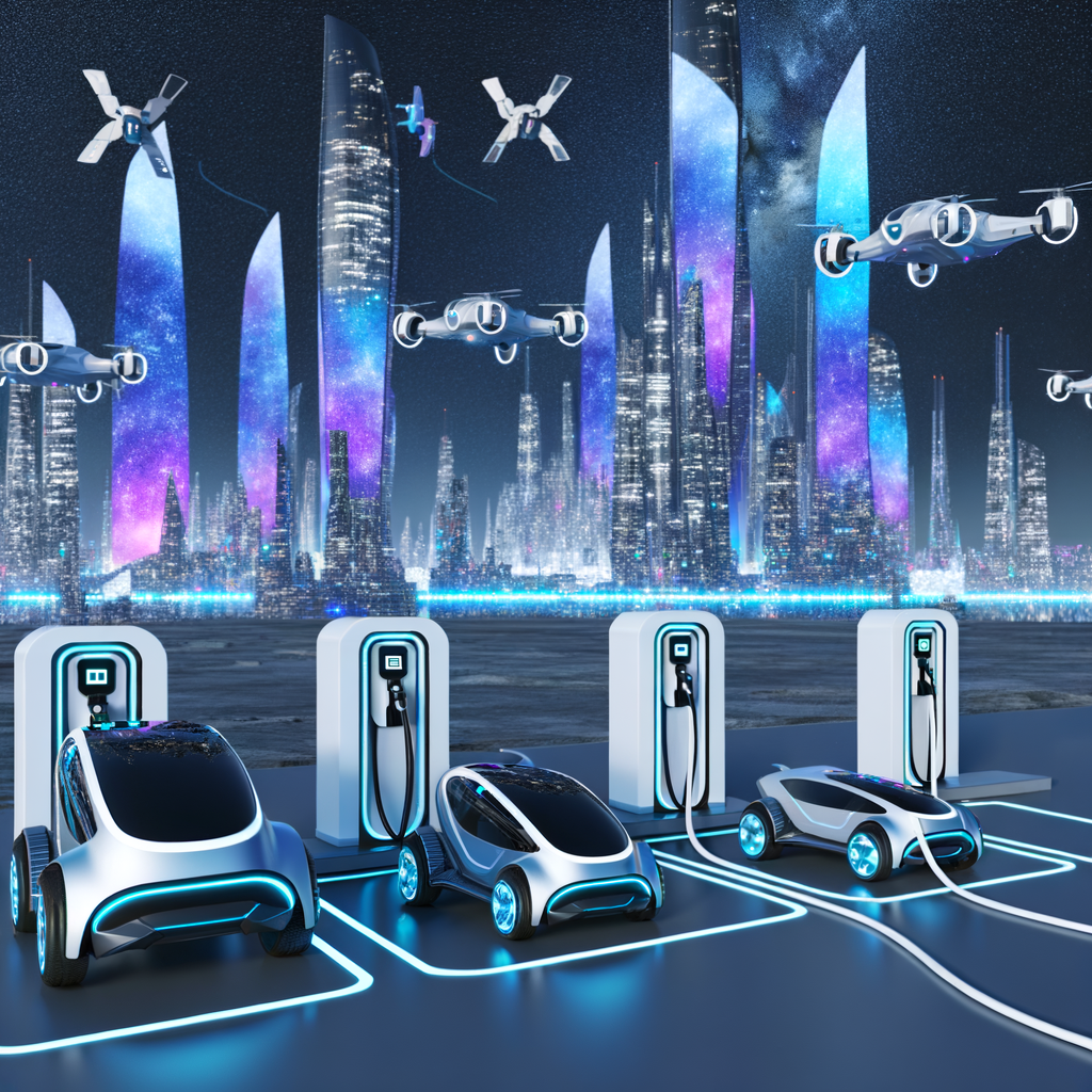 Electric cars charging, futuristic city background.