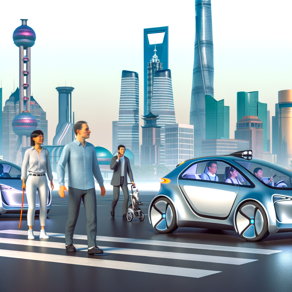 Electric cars dominate futuristic Shanghai skyline.