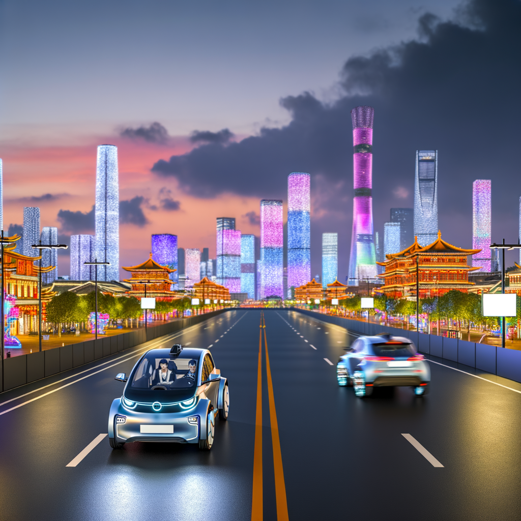 Electric cars zoom in vibrant Chinese cityscape.