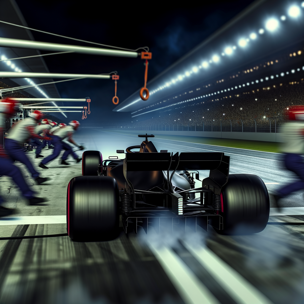 F1 car blitzes track, pit crews hustle.