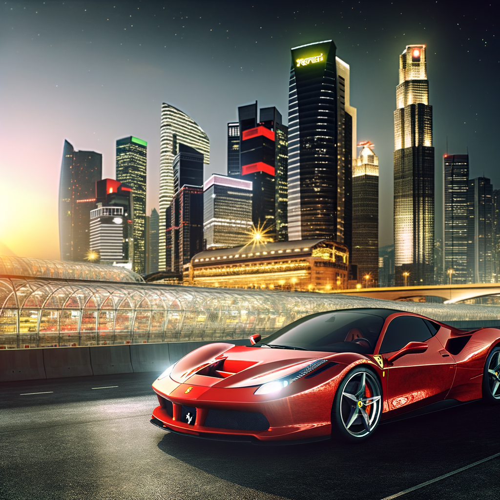 Ferrari supercar amidst futuristic cityscape at dusk.