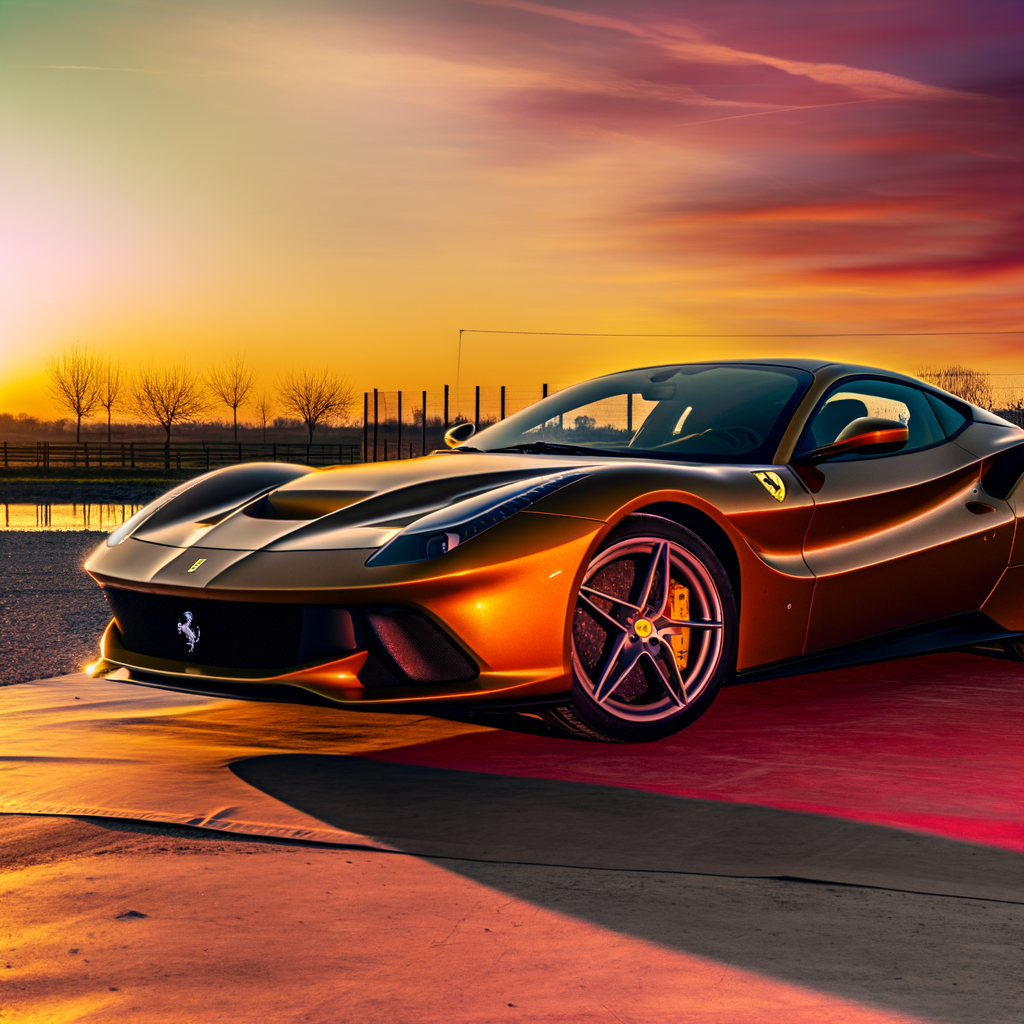 Ferrari supercar gleaming under Maranello sunset.