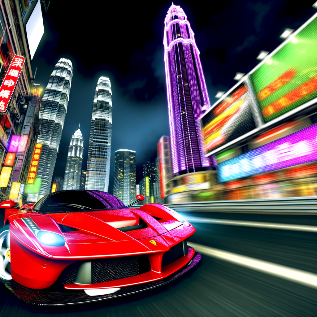 Ferrari supercar glides through futuristic cityscape.