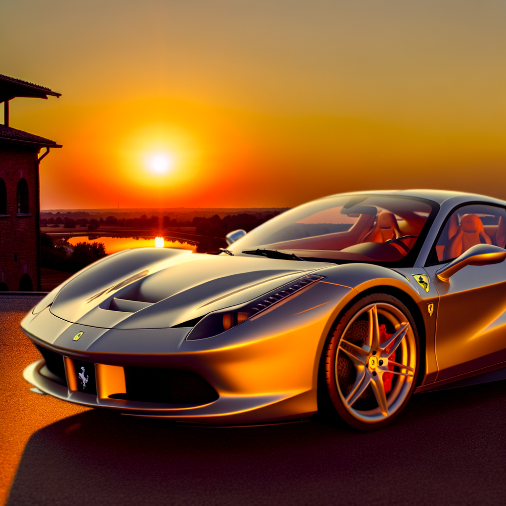 Ferrari supercar glistens in Maranello sunset.