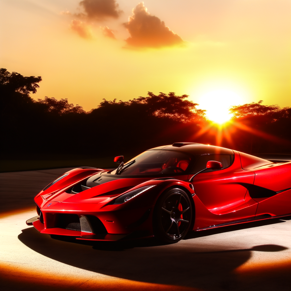 Ferrari supercar glistens in sunset grandeur.