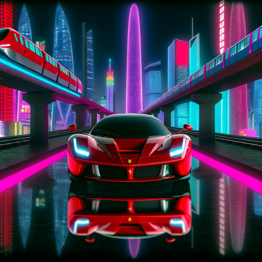 Ferrari supercar in futuristic cityscape, glowing.