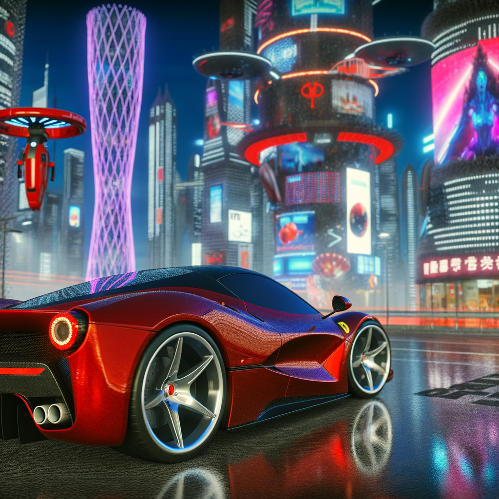 Ferrari supercar on futuristic city streets.