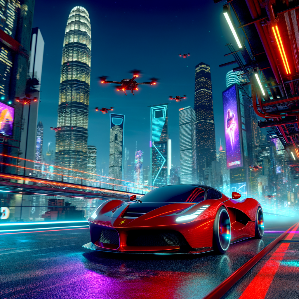 Ferrari supercar races through futuristic cityscape.