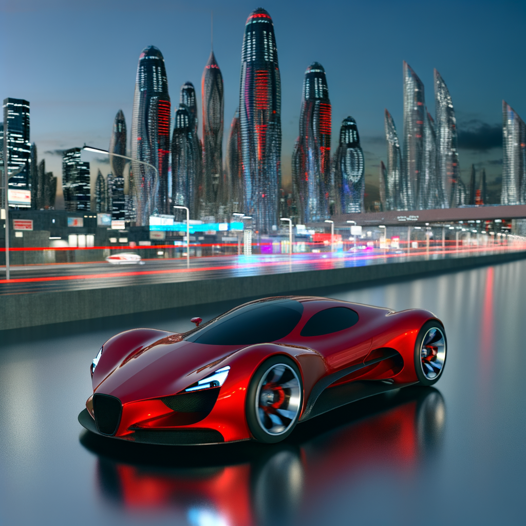 Ferrari supercar speeding through futuristic cityscape.