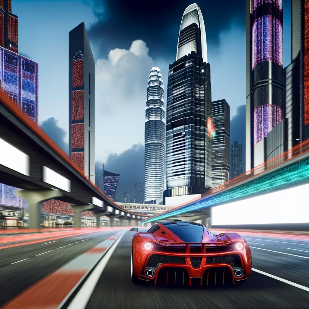 Ferrari supercar speeding through futuristic city.