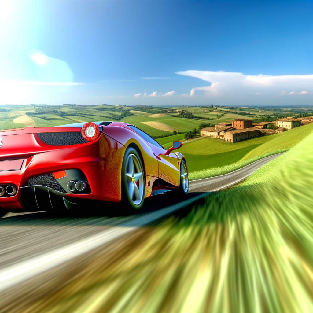 Ferrari supercar speeding through Italian countryside.