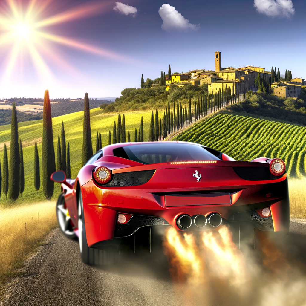 Ferrari supercar speeding through Italian countryside.