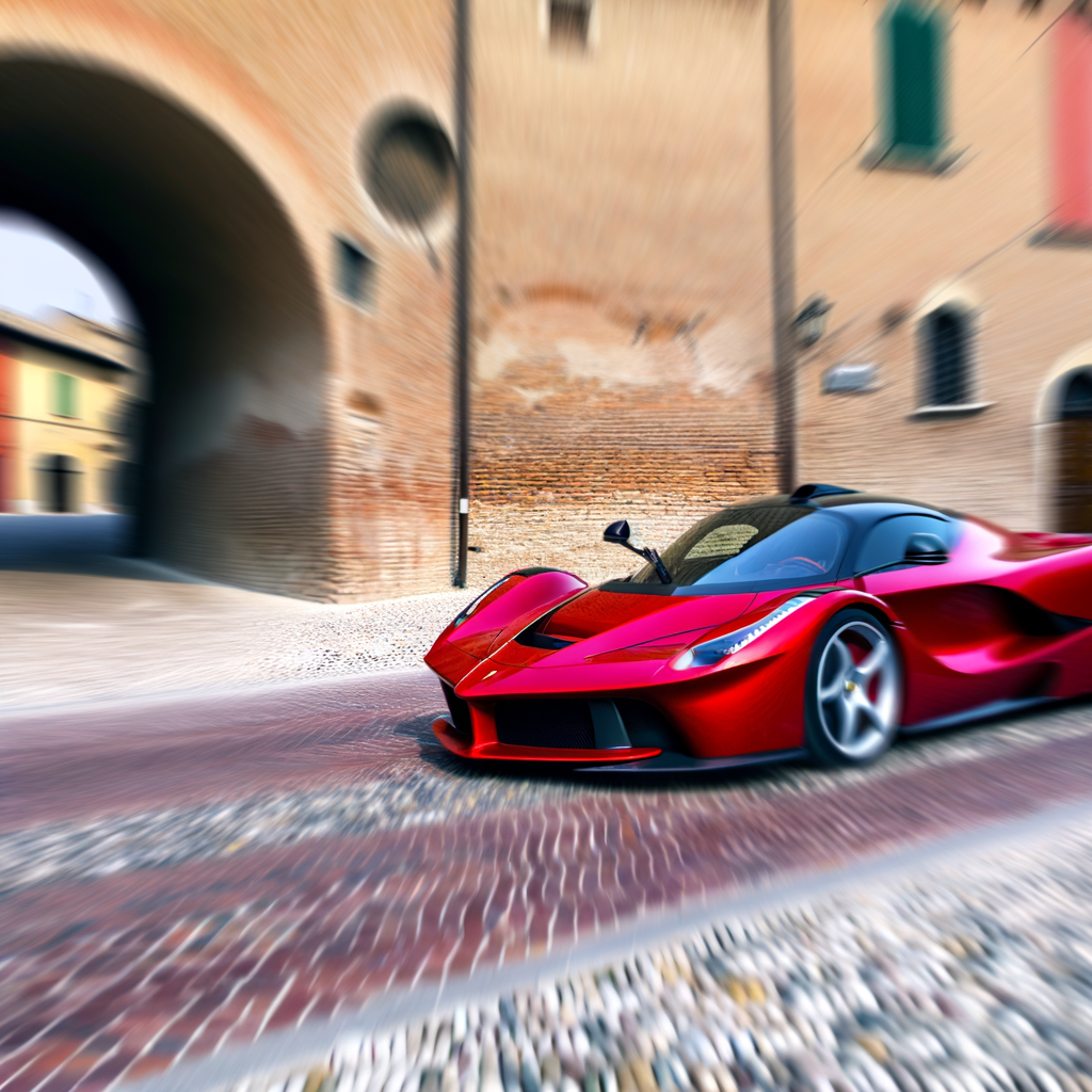 Ferrari supercar speeding through Maranello's streets.