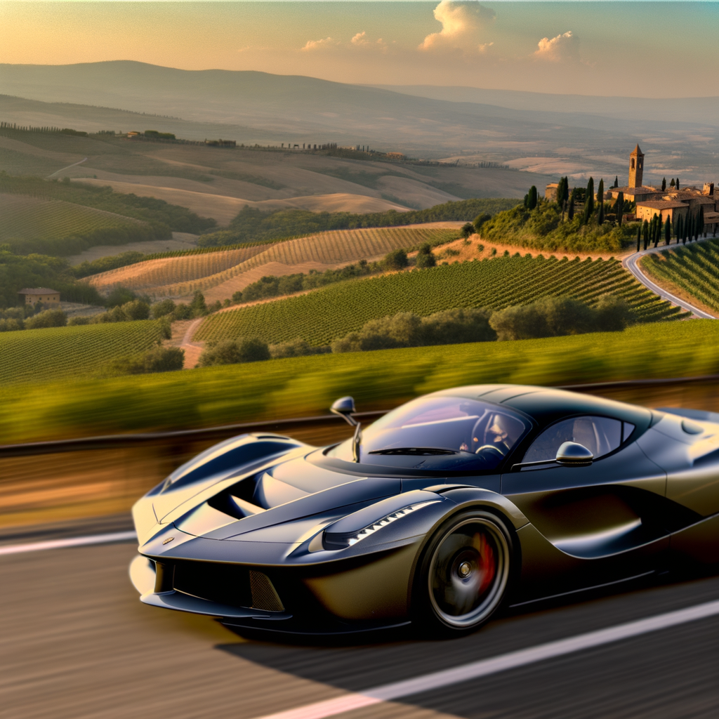 Ferrari's sleek supercar racing through Tuscany.