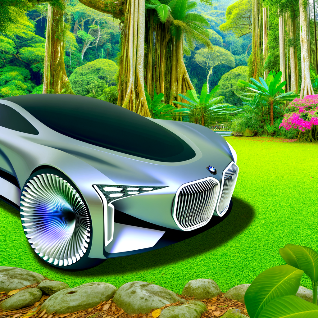 Futuristic BMW car amid lush greenery.