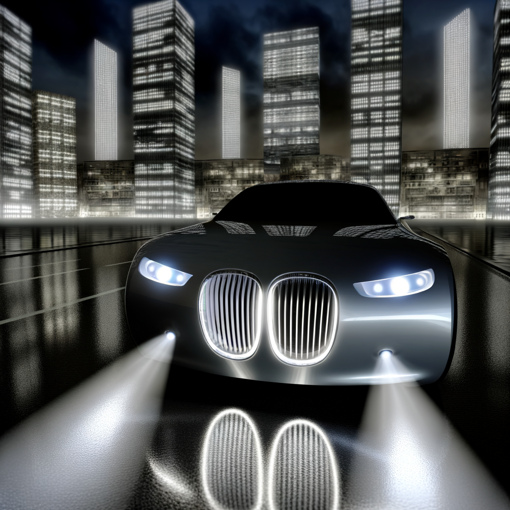 Futuristic BMW car driving through city.