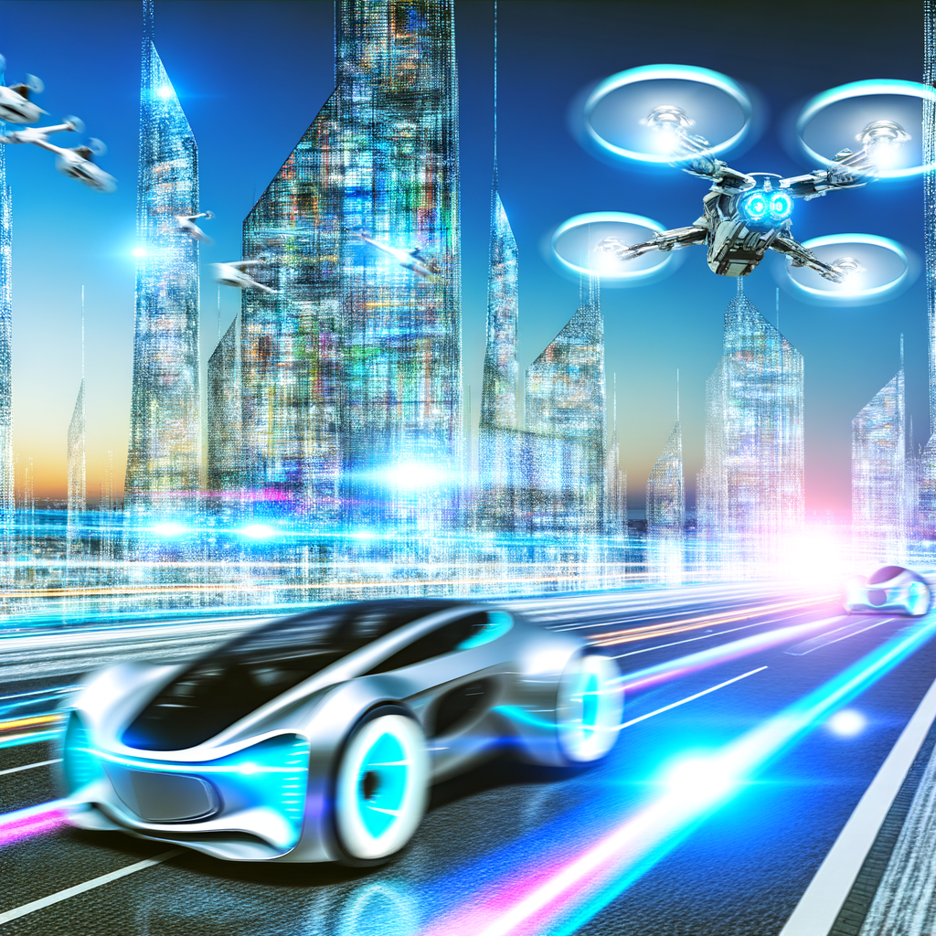 Futuristic cars amidst digital transformation skyline.