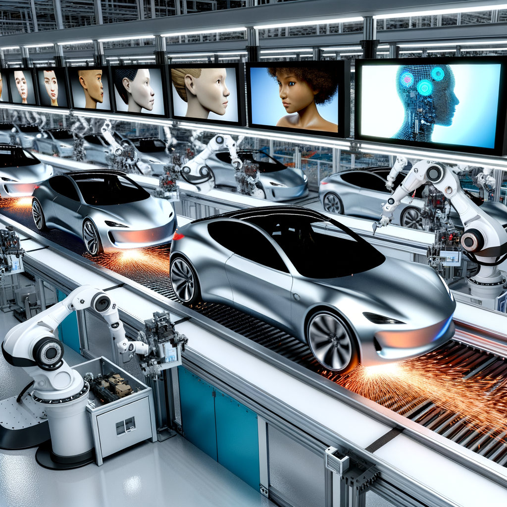 Futuristic cars assembling on high-tech line.