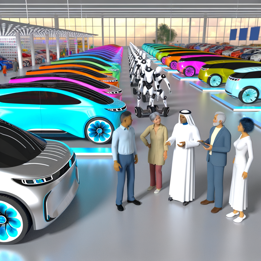 Futuristic cars, busy dealership, happy customers.