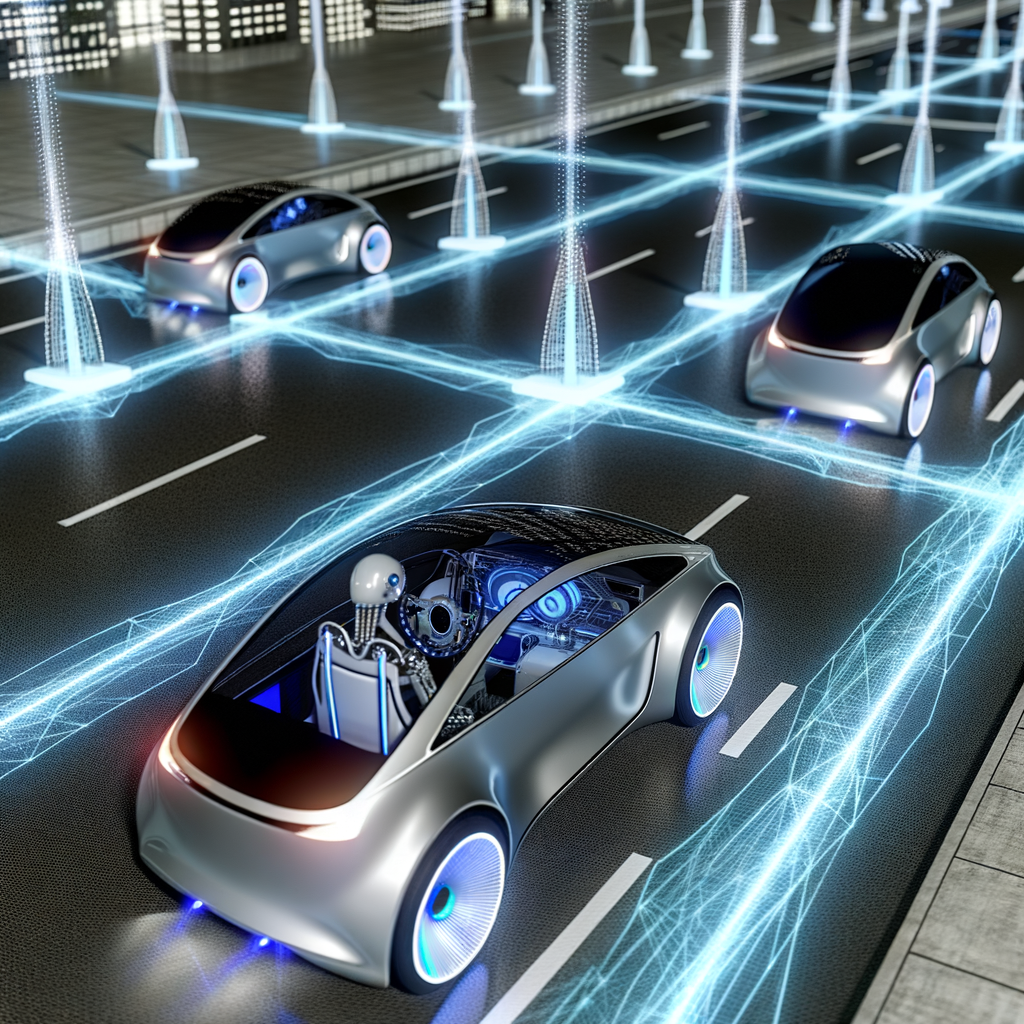 Futuristic cars charging, driving autonomously connected.