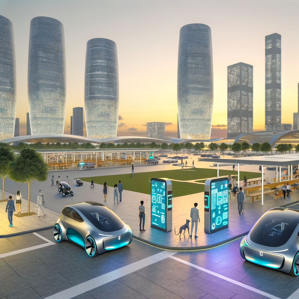 Futuristic cars charging in smart cityscape.