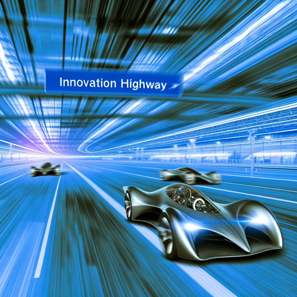 Futuristic cars racing on innovation highway.