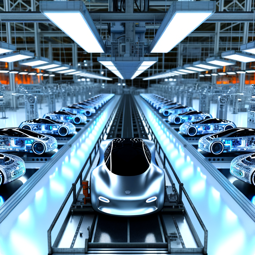 Futuristic cars showcasing technology on assembly line.