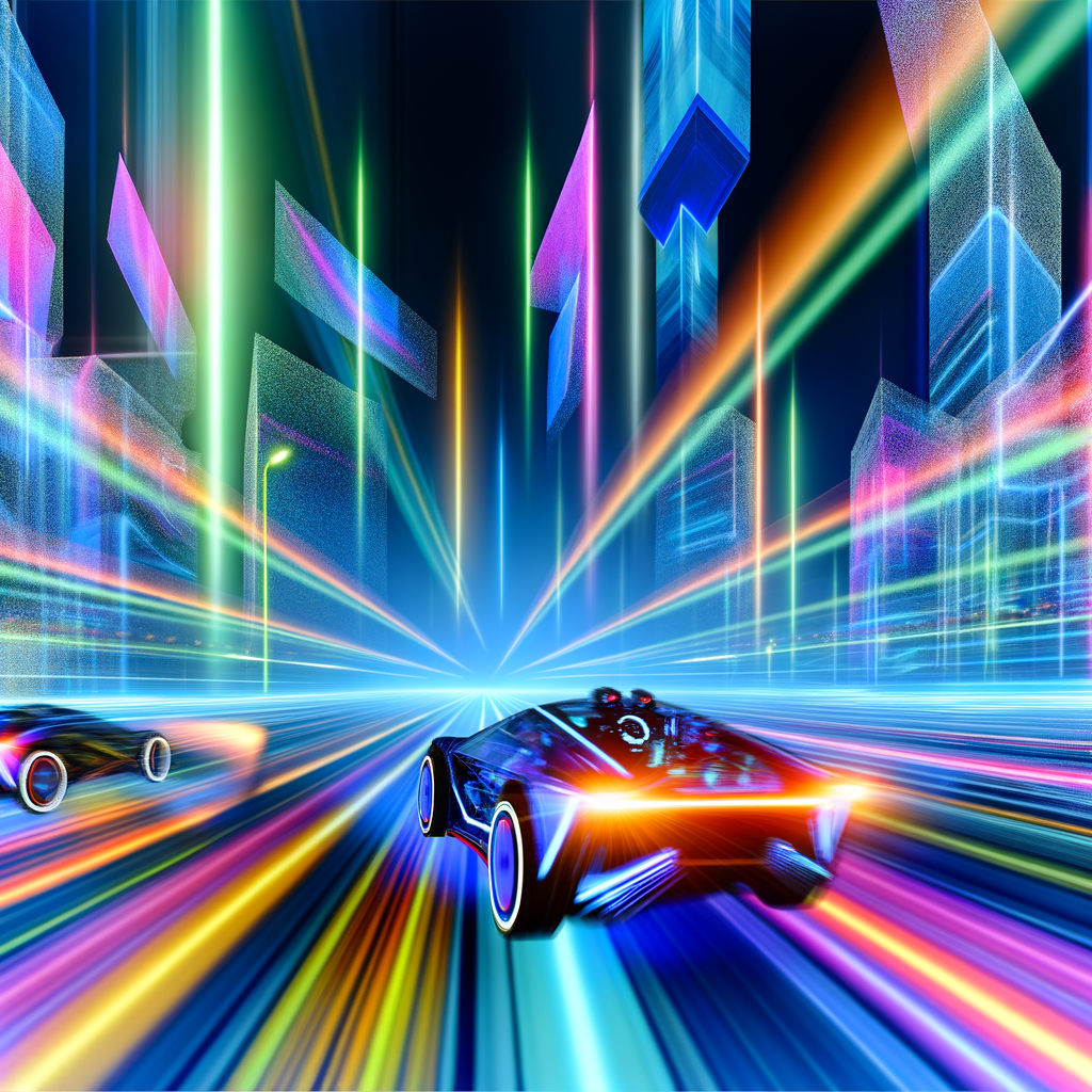 Futuristic cars zoom through digital landscape.