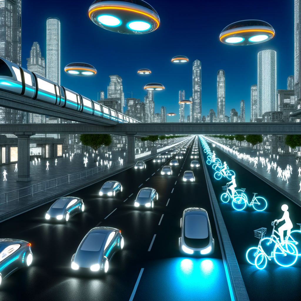 Futuristic cityscape, diverse mobility modes intertwined.