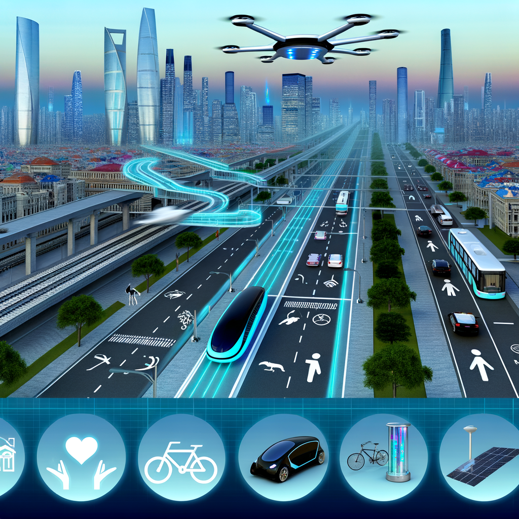 Futuristic cityscape with diverse mobility solutions.