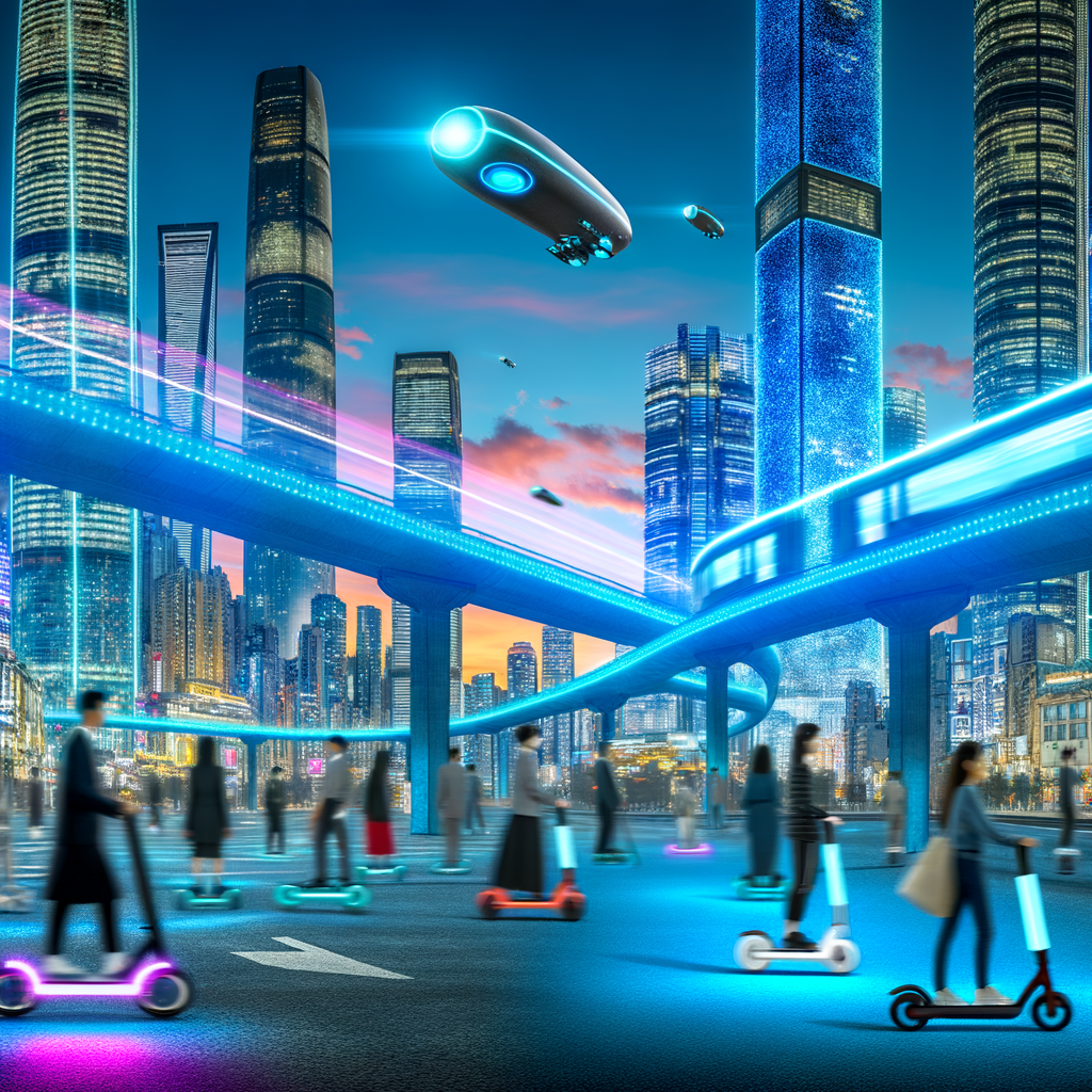 Futuristic cityscape with diverse mobility modes.