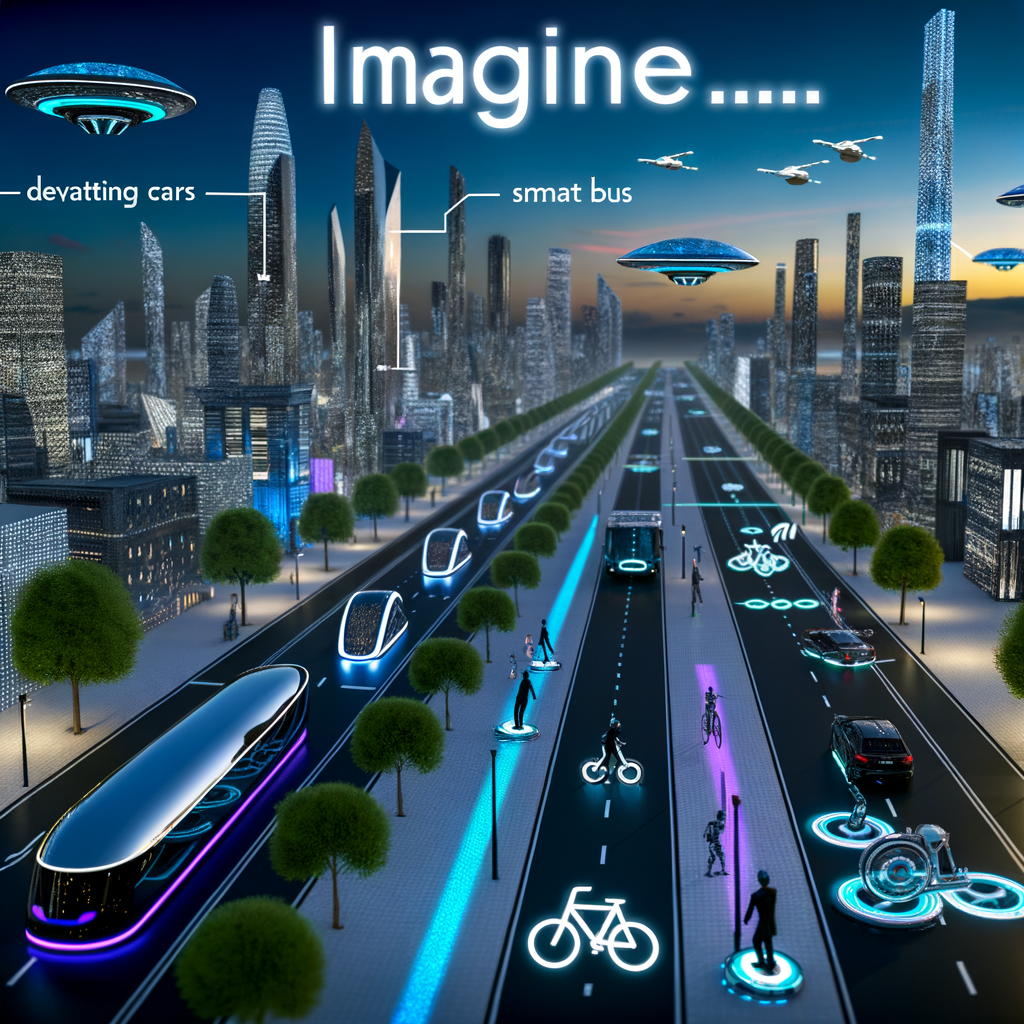 Futuristic cityscape with diverse mobility solutions.