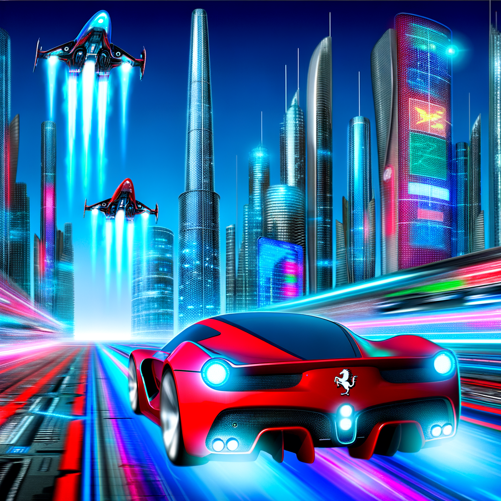 Futuristic Ferrari speeding through dynamic cityscape.