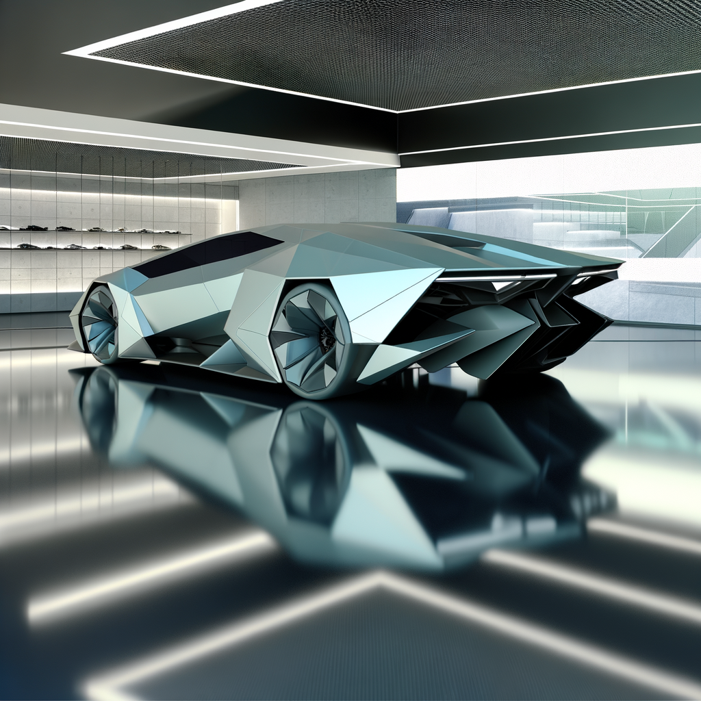 Futuristic Lamborghini supercar in sleek showroom.