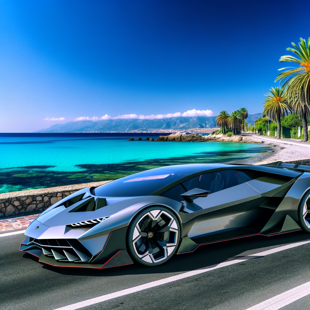 Futuristic Lamborghini supercar on Italian coast.