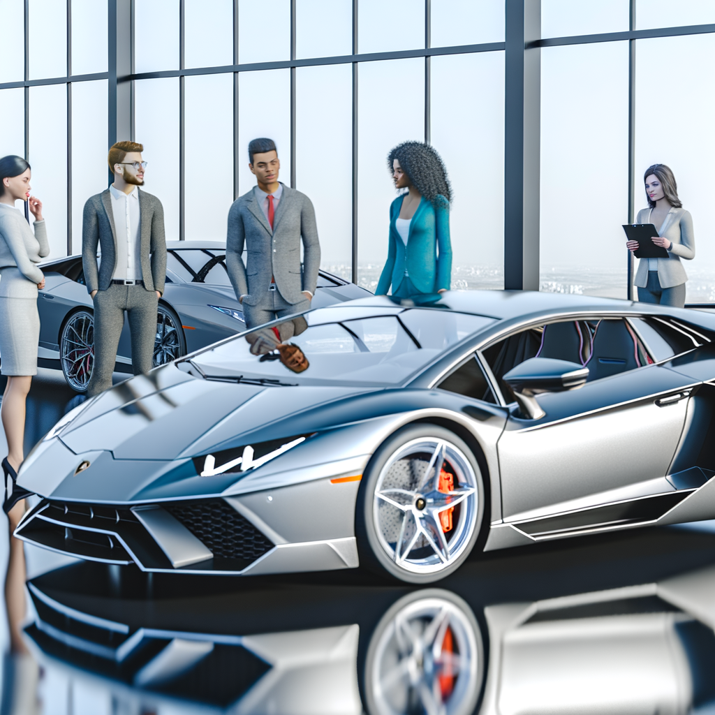 Futuristic Lamborghini supercar on sleek showroom.