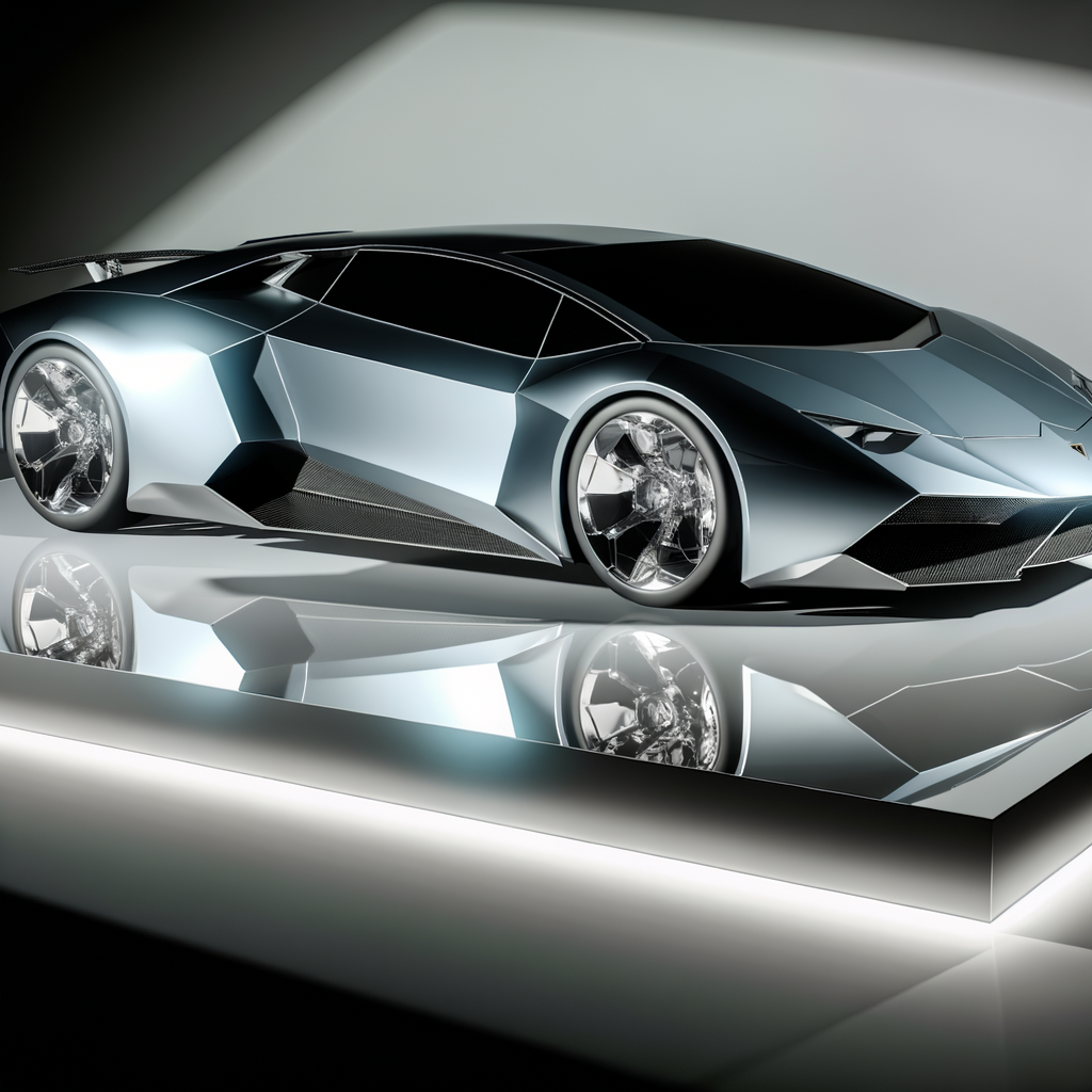 Futuristic Lamborghini supercar on sleek display.