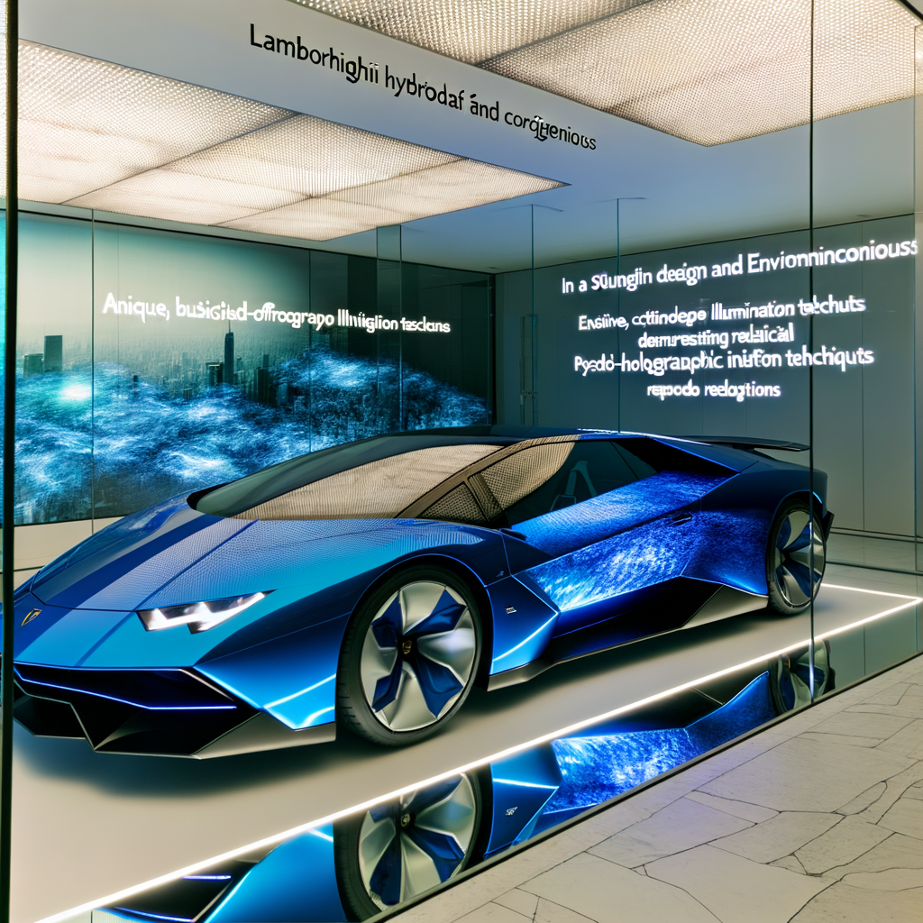 Lamborghini hybrid supercar in futuristic showroom.