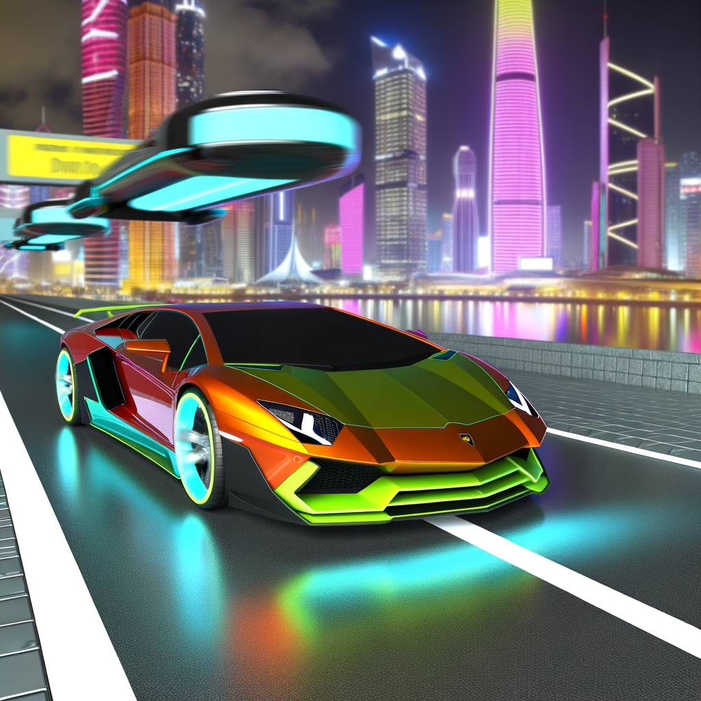 Lamborghini supercar on sleek futuristic highway.