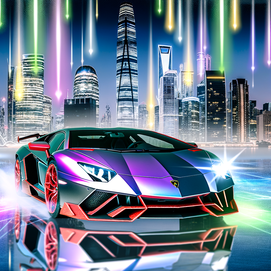 Lamborghini supercar showcased amidst futuristic skyline.