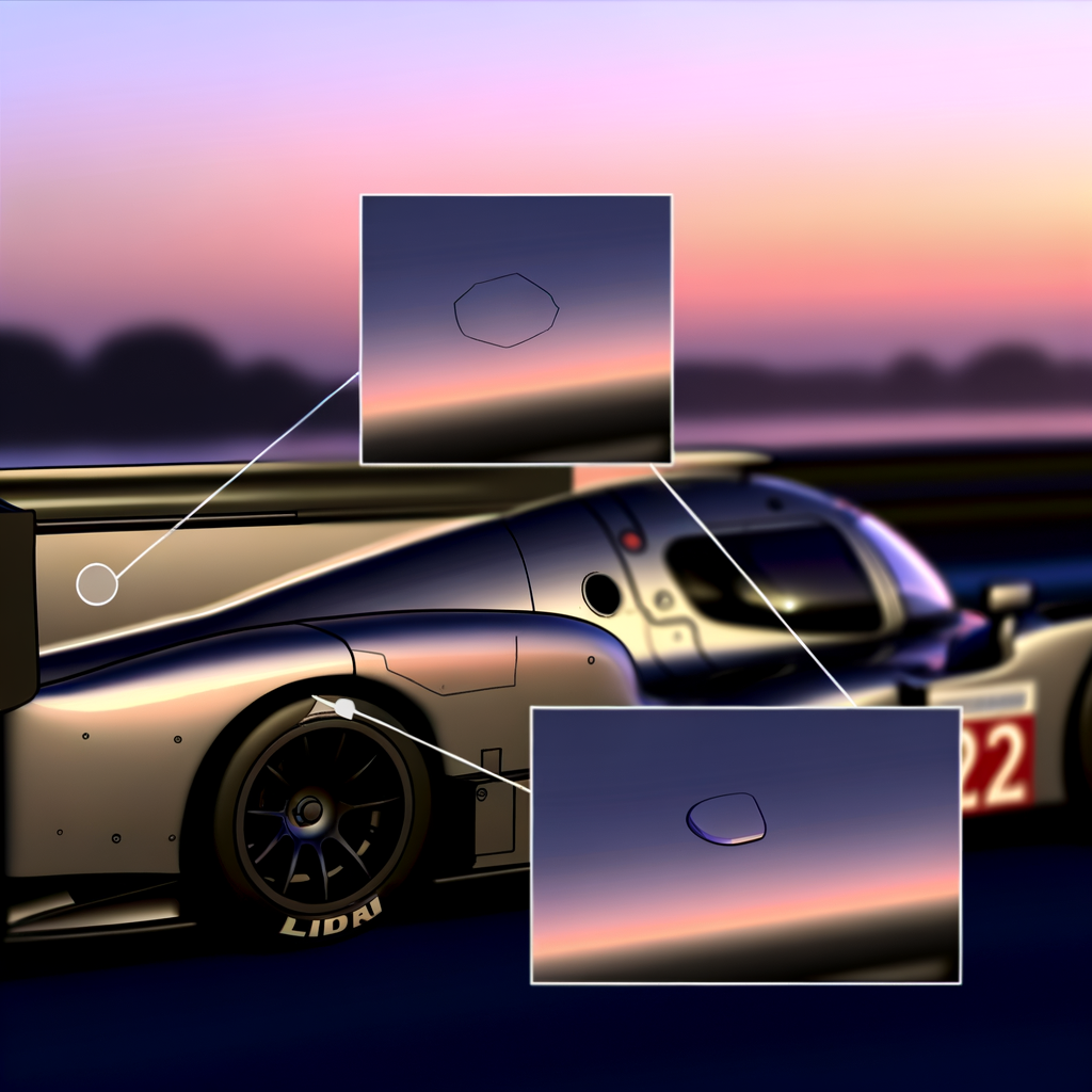 Le Mans race car glistens at dusk.