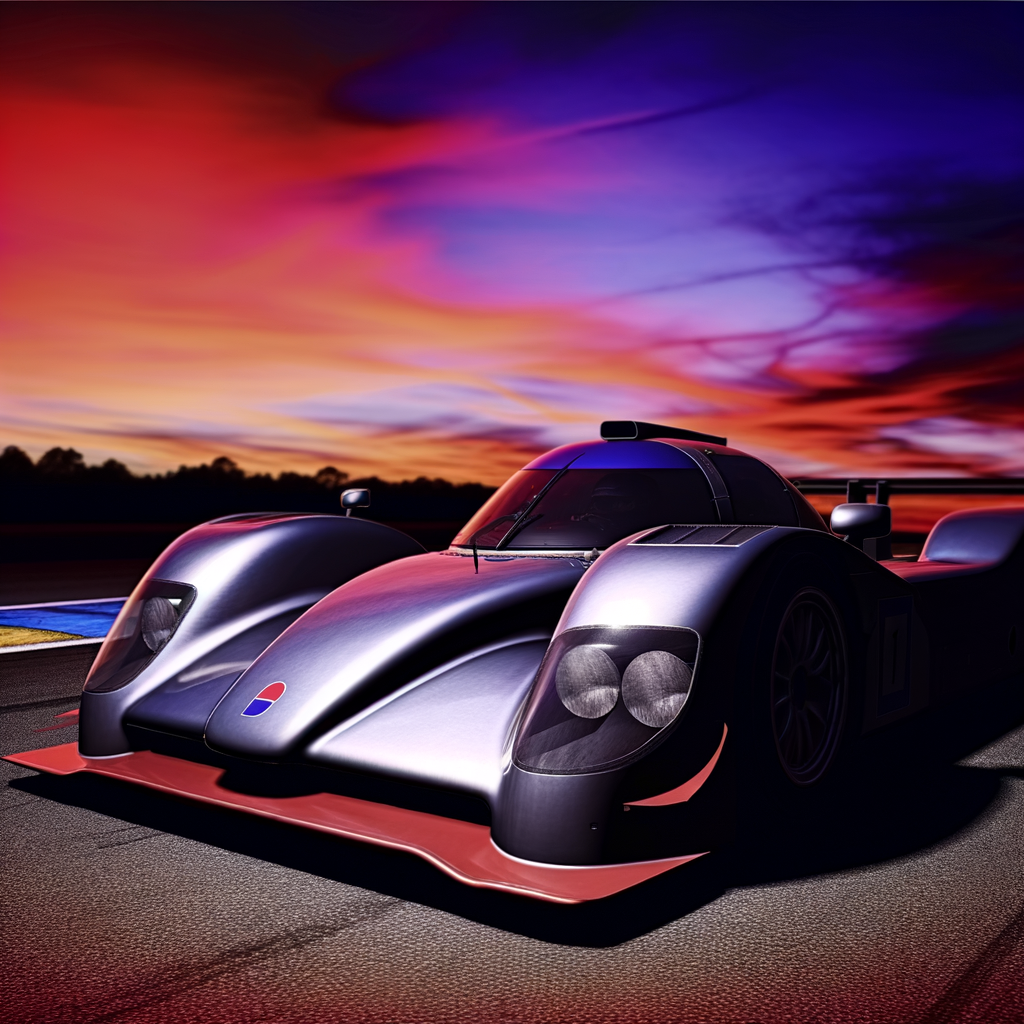 Le Mans race car under dramatic sunset.